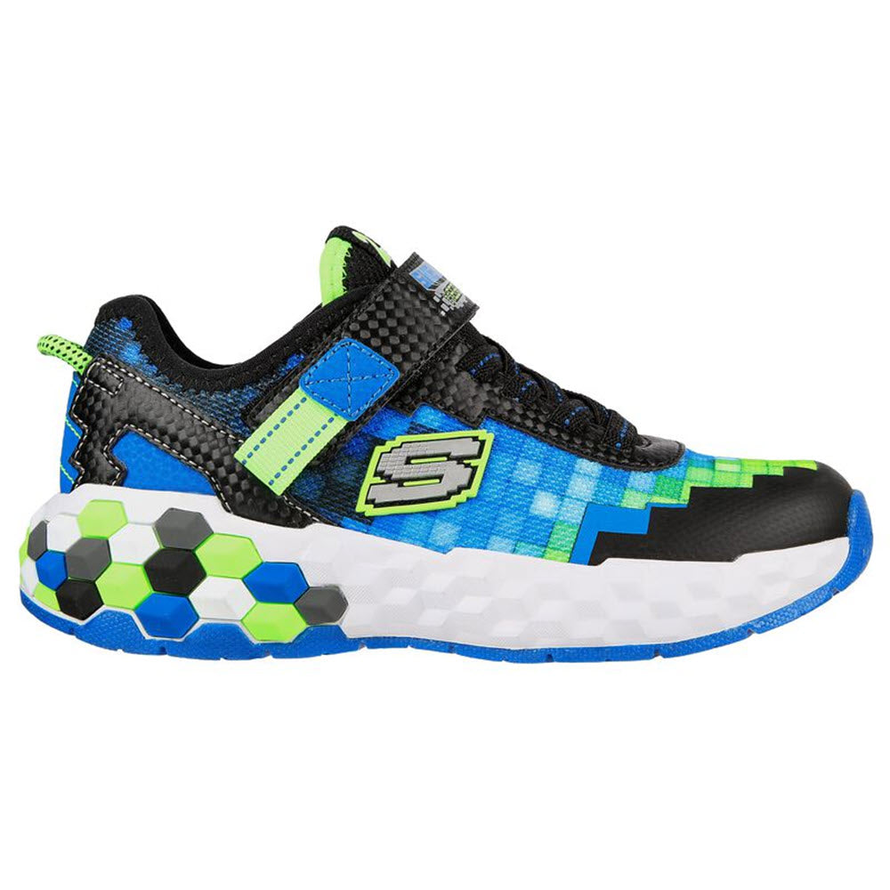 A single Skechers Mega-Craft 2.0 Black/Blue/Lime sneaker with green accents and an athletic mesh knit upper, featuring a honeycomb-patterned sole.