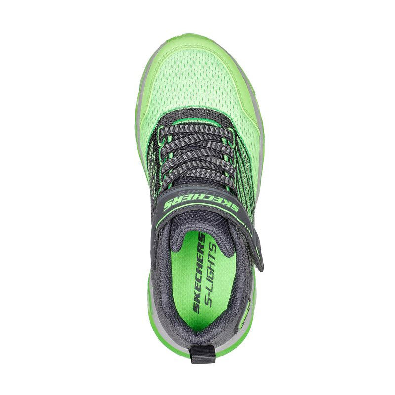 Top view of a green and black Skechers Mega Surge Charcoal/Lime athletic shoe crafted from athletic mesh fabric.