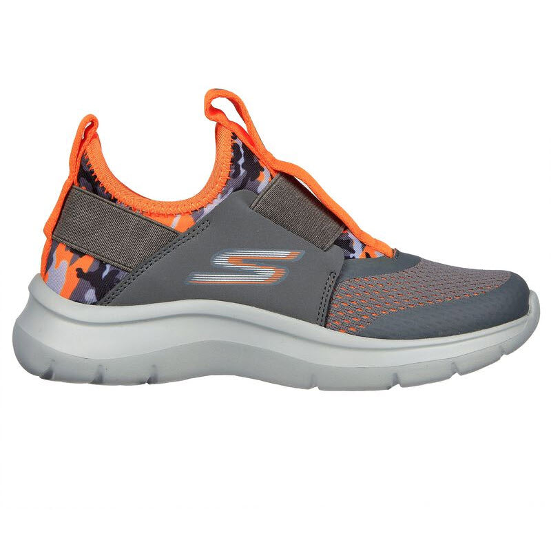 A single Skechers SKECHERS SKECH FAST CHARCOAL/ORANGE - KIDS sneaker featuring a slip-on design with orange accents, a camouflage pattern, and a cushioned midsole.