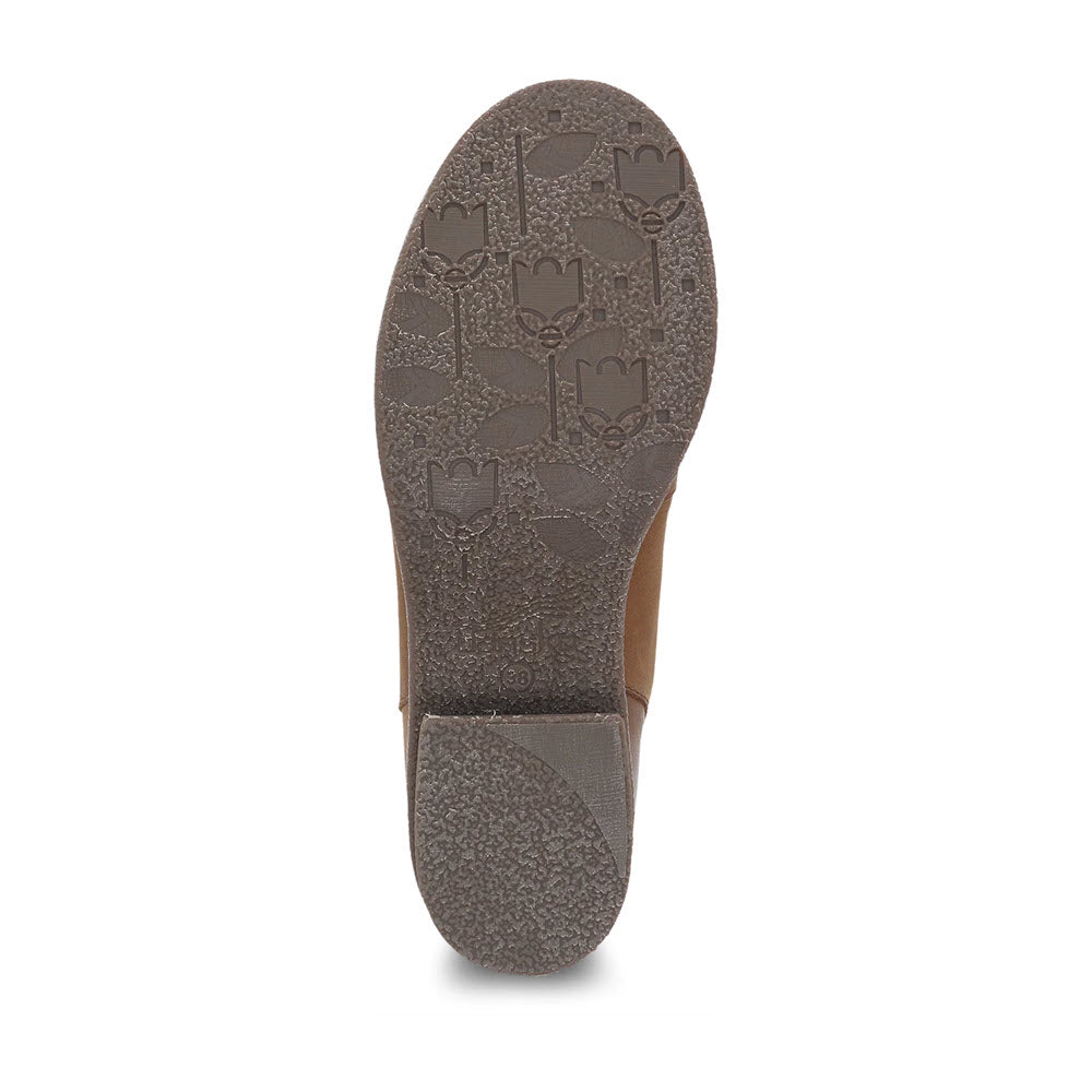 Bottom view of a Dansko Brianne Tan Burnished - Womens boot showing a detailed tread pattern on a gray sole.