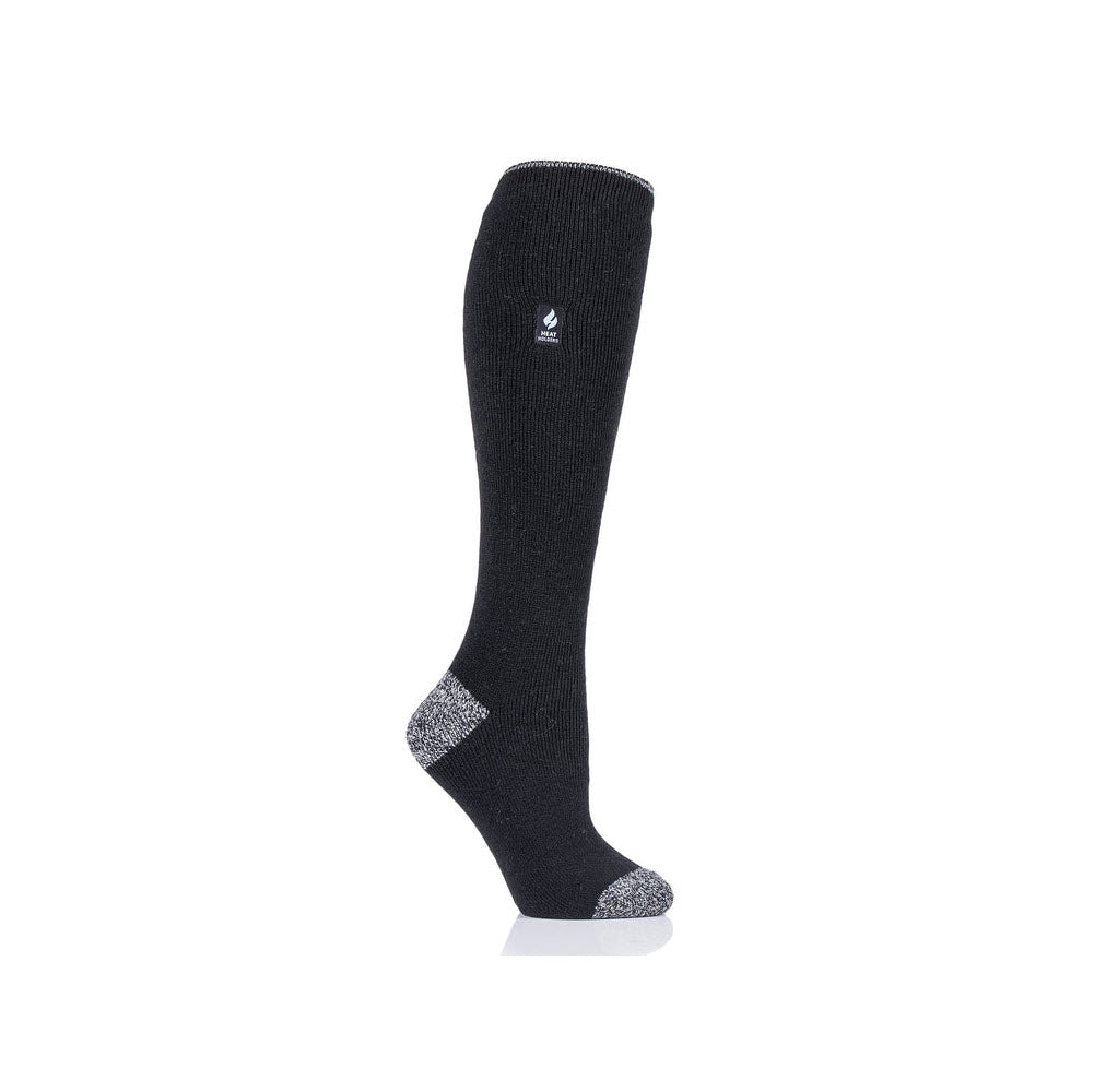 A single black knee-high Heatholders Calla Lite Long knee high sock with reinforced gray heel and toe areas, and a small white logo on the side, displayed against a white background.