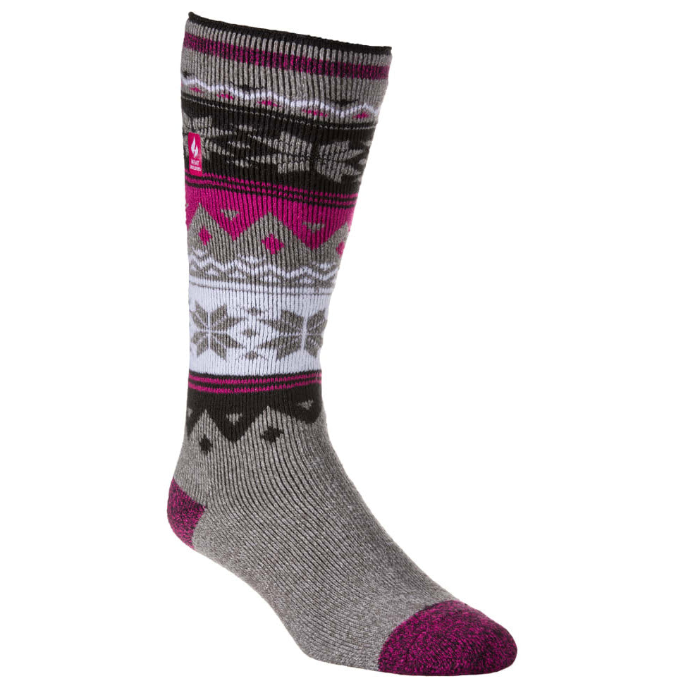 A single Heatholders Laura Fairisle Socks Grey Cerise featuring a pattern with pink, white, and gray shades, and a reinforced magenta toe and heel. This women&#39;s thermal sock is designed for comfort and warmth.