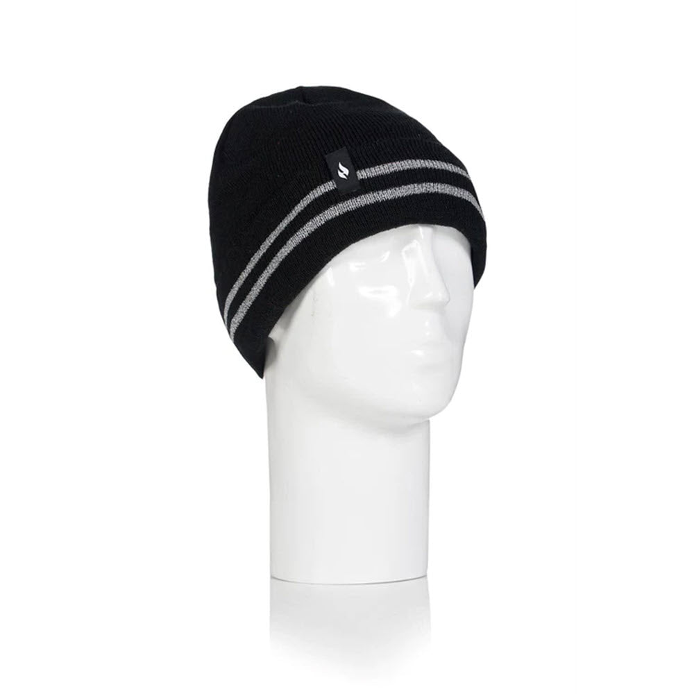A black Heatholders Richard Reflective Hat with white and gray horizontal stripes displayed on a white mannequin head.