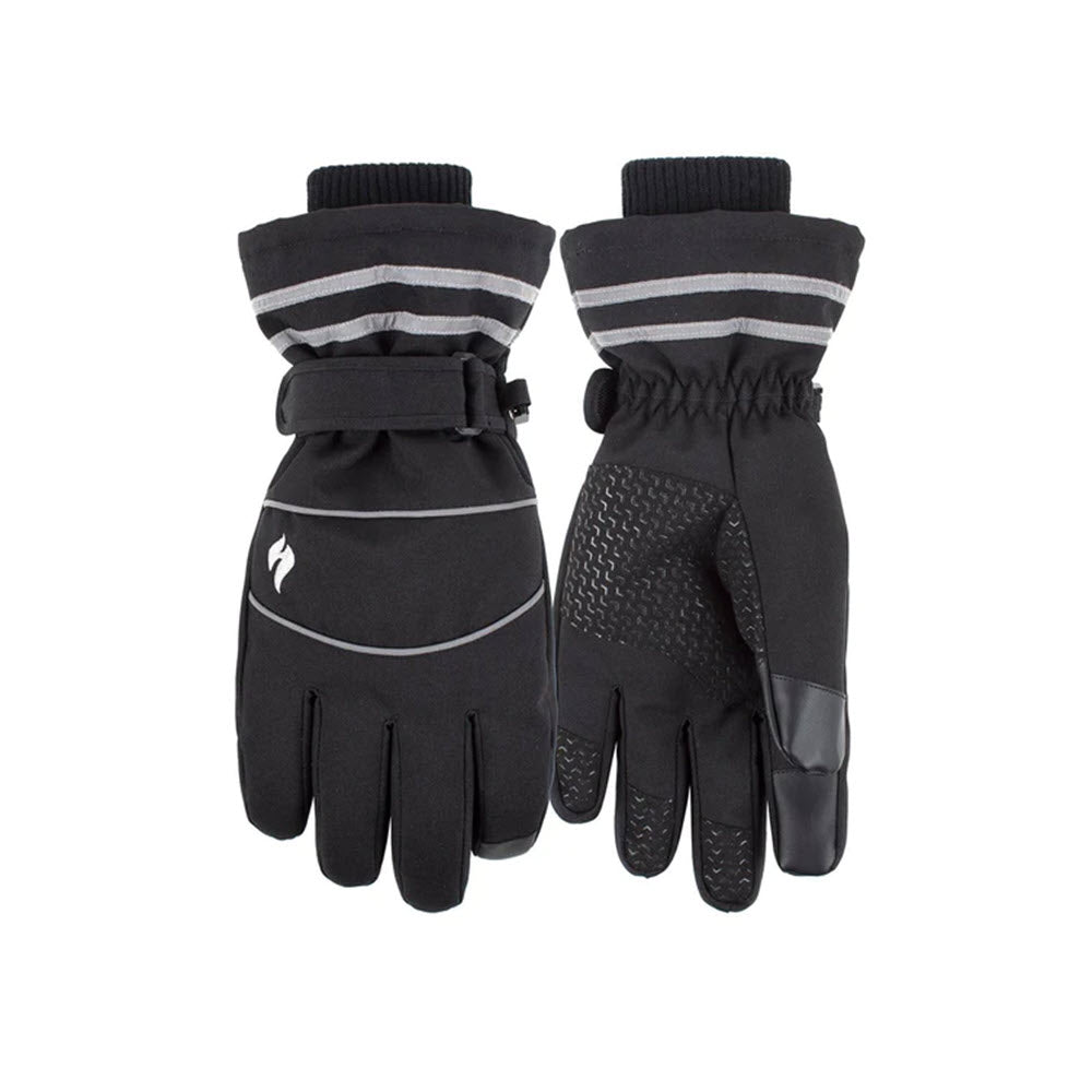 A pair of black HEAT HOLDERS PATRICK WORXX MENS GLOVES with grip texture on the palms and touch screen compatibility, featuring decorative white stripes on the cuffs.