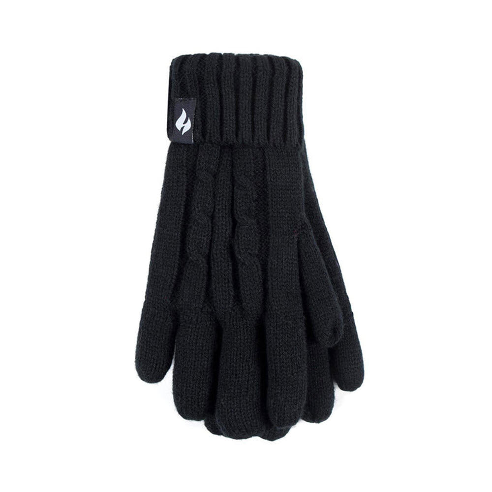 A pair of Heatholders Amelia Cable Gloves Black with ribbed extra-long cuffs and a small white logo on the left glove, isolated on a white background.