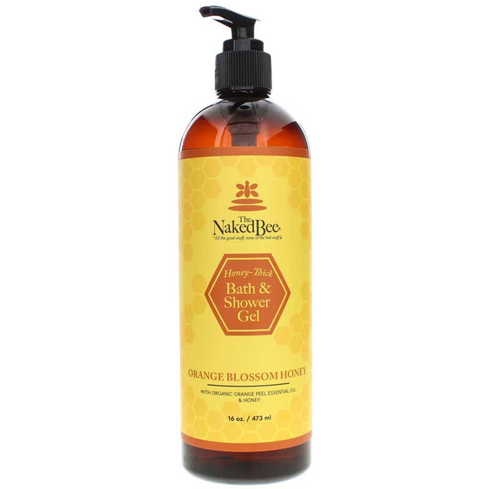 Pump bottle of NAKED BEE BATH SHOWER GEL 16OZ ORANGE BLOSSOM with organic aloe vera by Naked Bee.