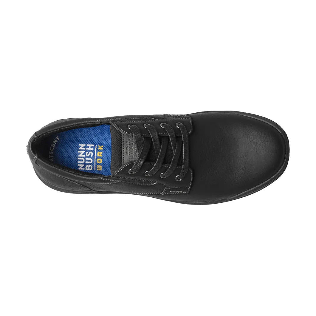 Nunn Bush black lace-up Plain Toe Oxford shoe with blue insole visible from above.