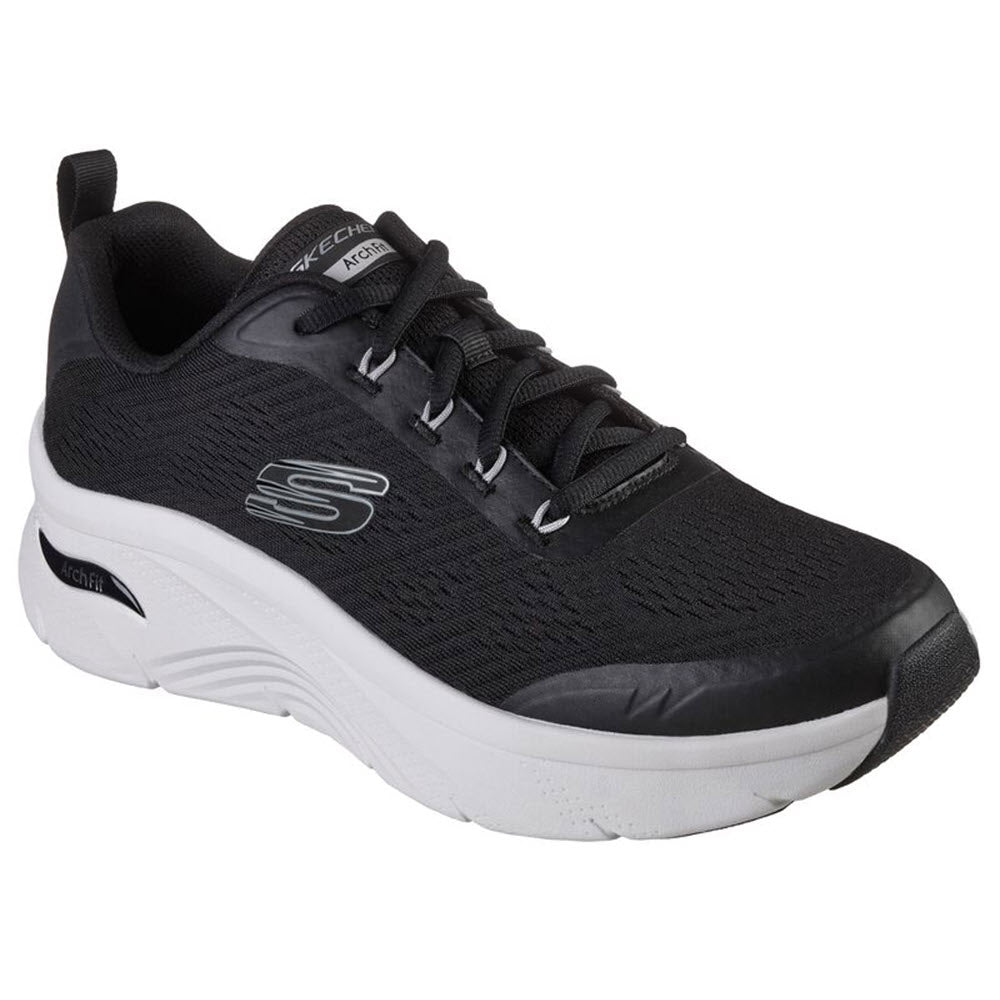 Black and white Skechers Arch Fit D&#39;Lux athletic shoe with memory foam, featuring a lightweight cushioned midsole and an engineered mesh upper.