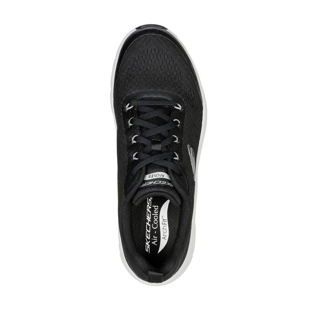 Top view of a single Skechers Arch Fit D&#39;Lux Black athletic shoe with engineered mesh upper and laces.