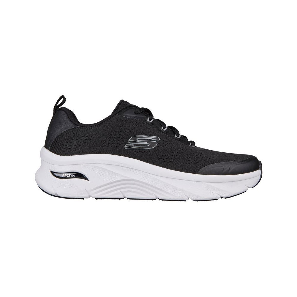Black and white Skechers Arch Fit D'Luxe sneaker with memory foam insole and lightweight cushioned midsole.