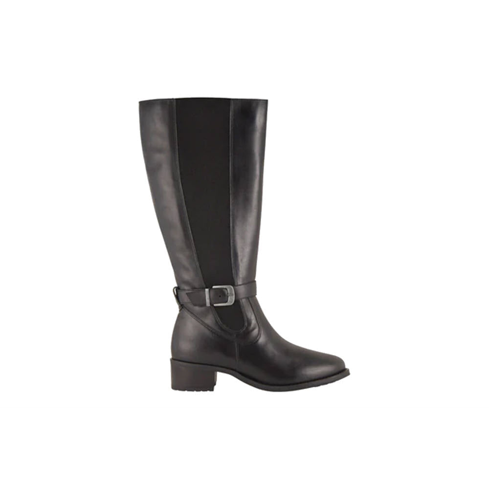 A black waterproof leather knee-high boot with a buckle and a low heel: the David Tate Allegria Extended Calf - Womens.