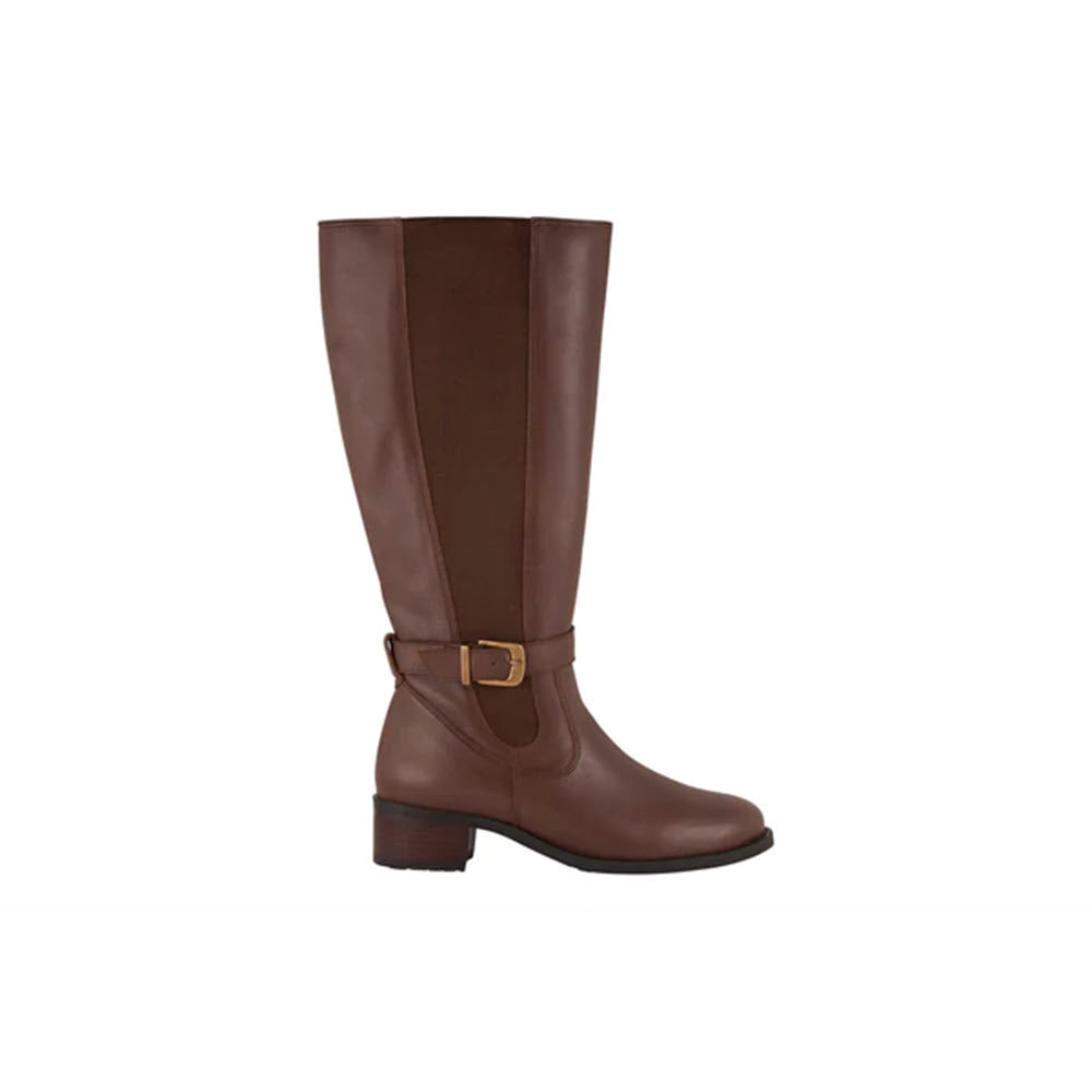 A single David Tate Allegria Extended Calf Brown waterproof leather knee-high boot with a buckle around the ankle on a white background.