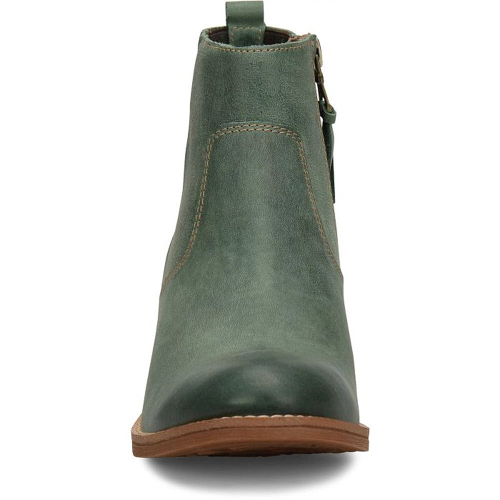 Front view of a green suede Sofft Ardmore Jade Chelsea boot with zipper detail and hand-burnished finish.