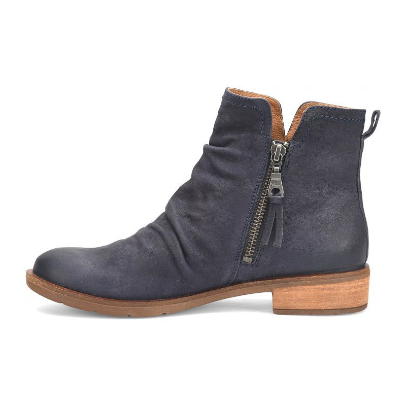 Sofft navy blue artisan leather bootie with side zipper on a white background.