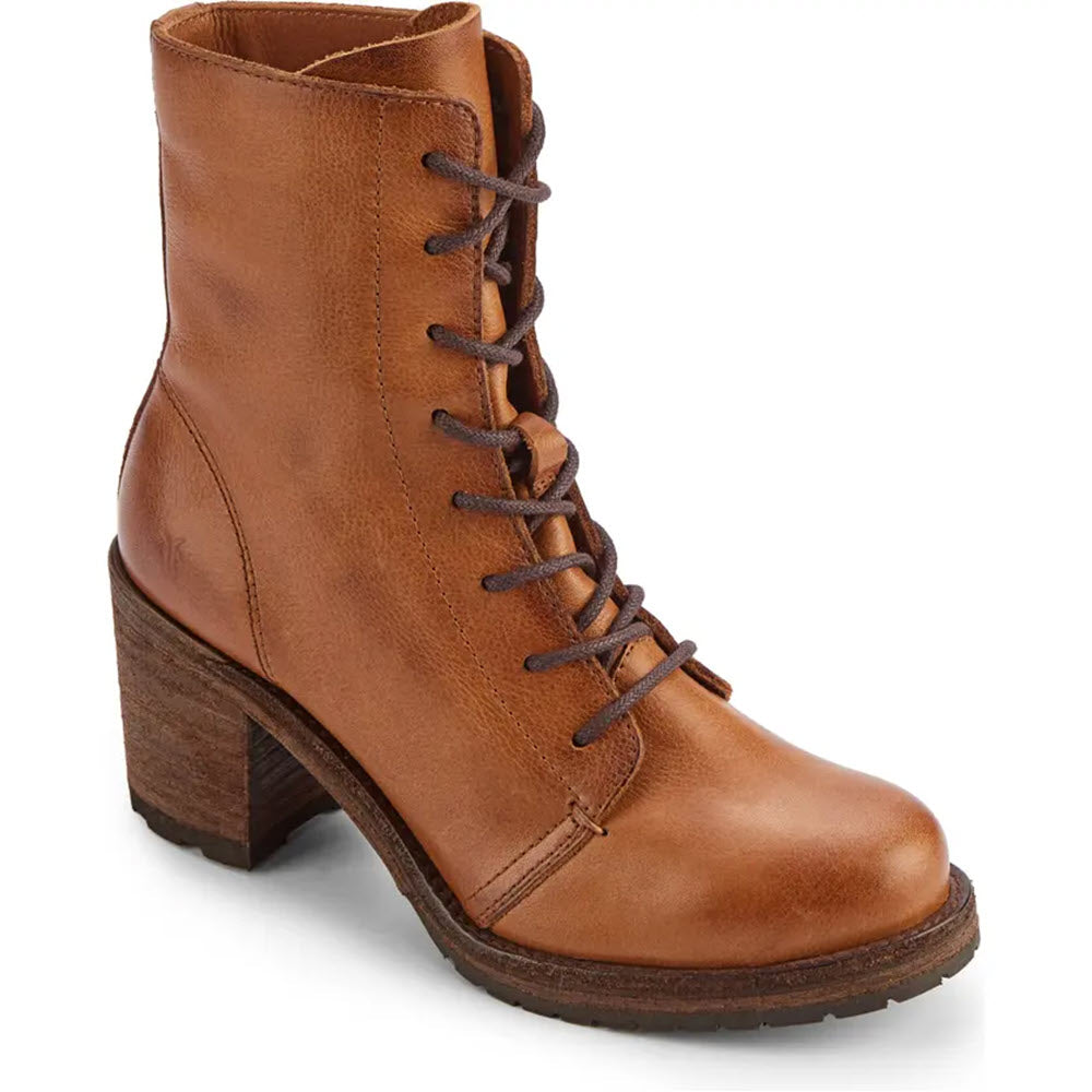 Frye Karen combat caramel boot with a chunky heel and traction rubber insets on a white background.