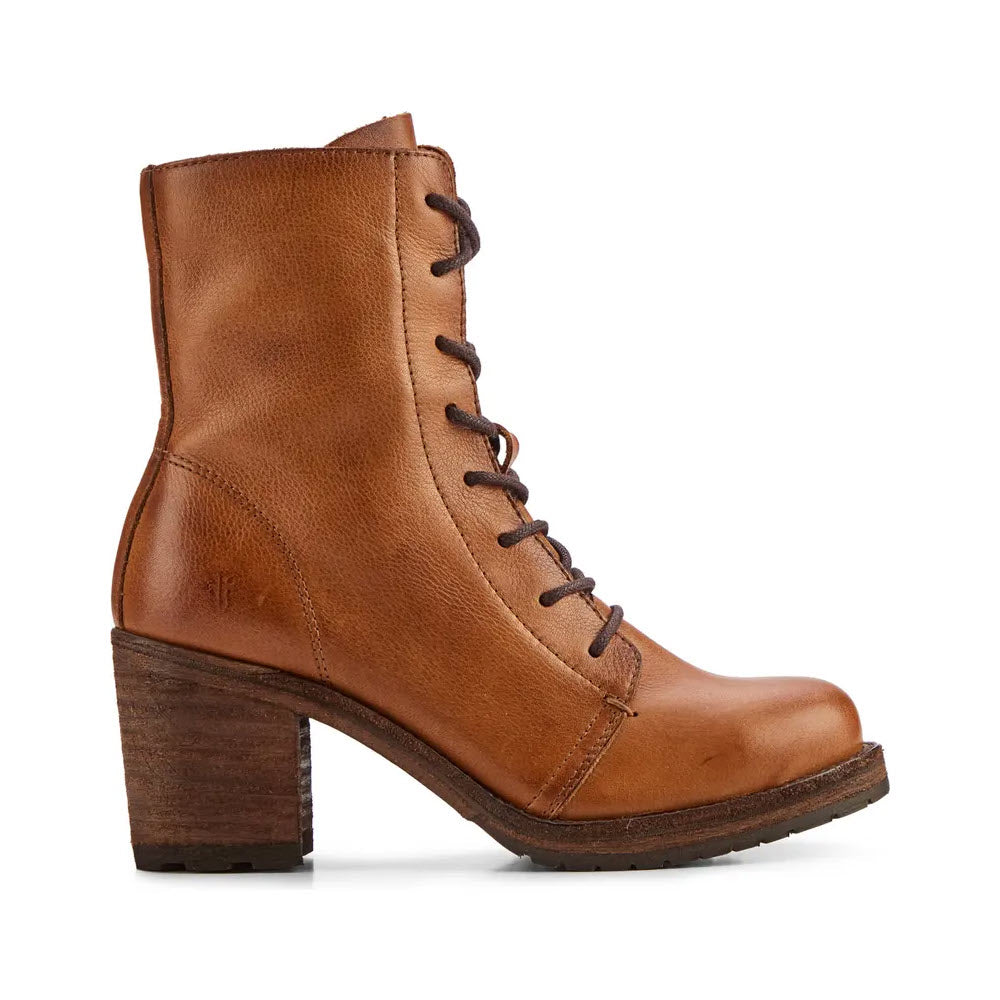 Frye Karen combat caramel - womens leather combat boot with a block heel and traction rubber insets for slip-free stepping.