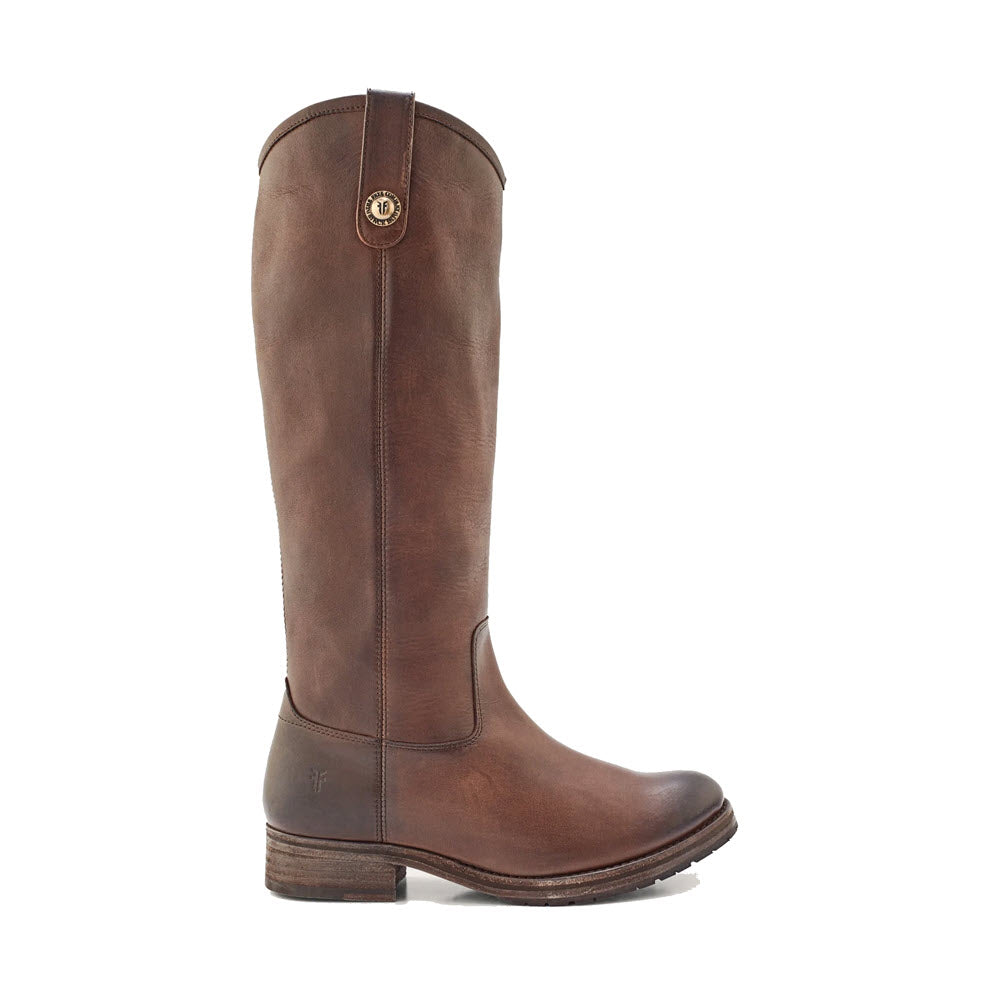 A single tall brown leather boot with a small emblem near the top, featuring a double outsole, standing upright on a white background. This is the Frye Melissa Button Lug Tall Slate boot for women.