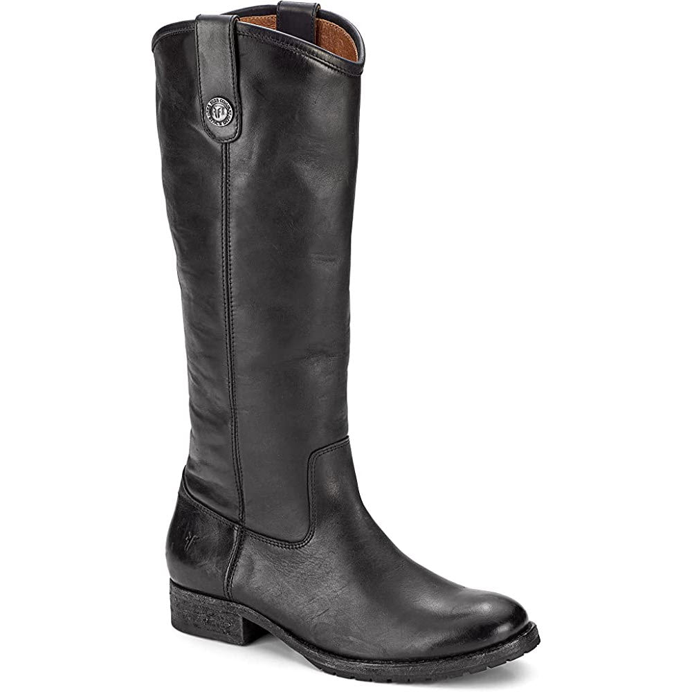 Black leather equestrian-inspired tall boots with a low heel and Frye signature button - FRYE MELISSA BUTTON LUG BLACK boots.