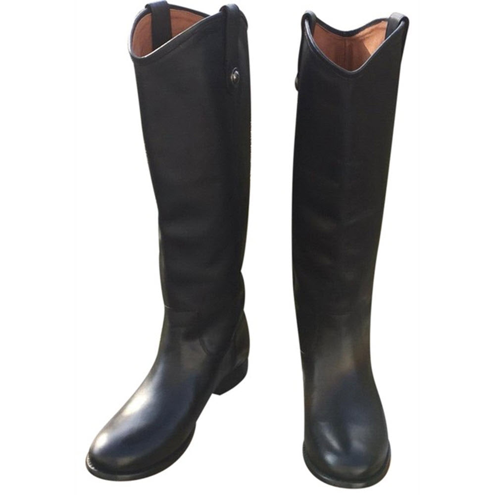 A pair of Frye Melissa Button Lug Black boots against a white background.