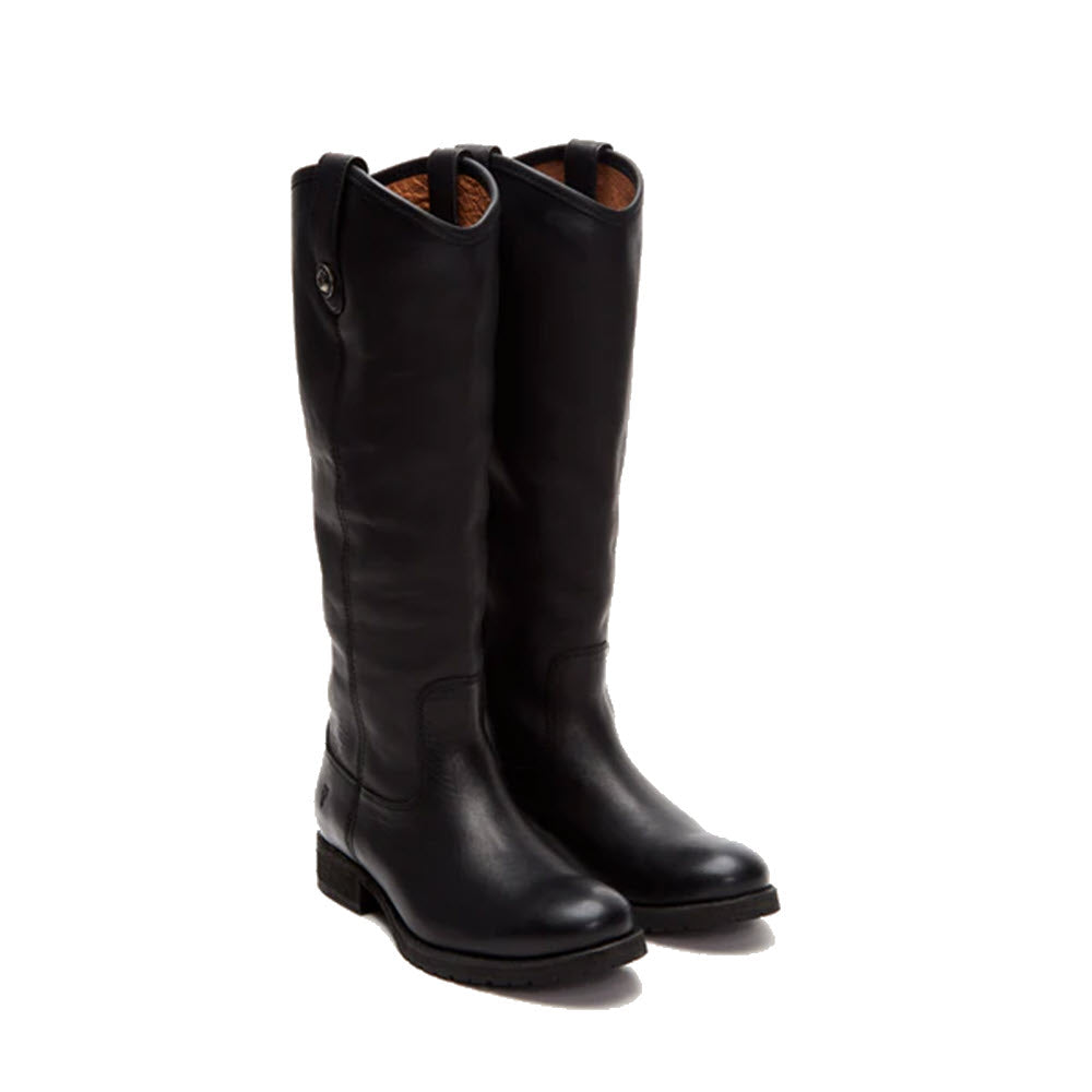 A pair of Frye Melissa Button Lug Black - Womens equestrian-inspired tall black leather riding boots against a white background.