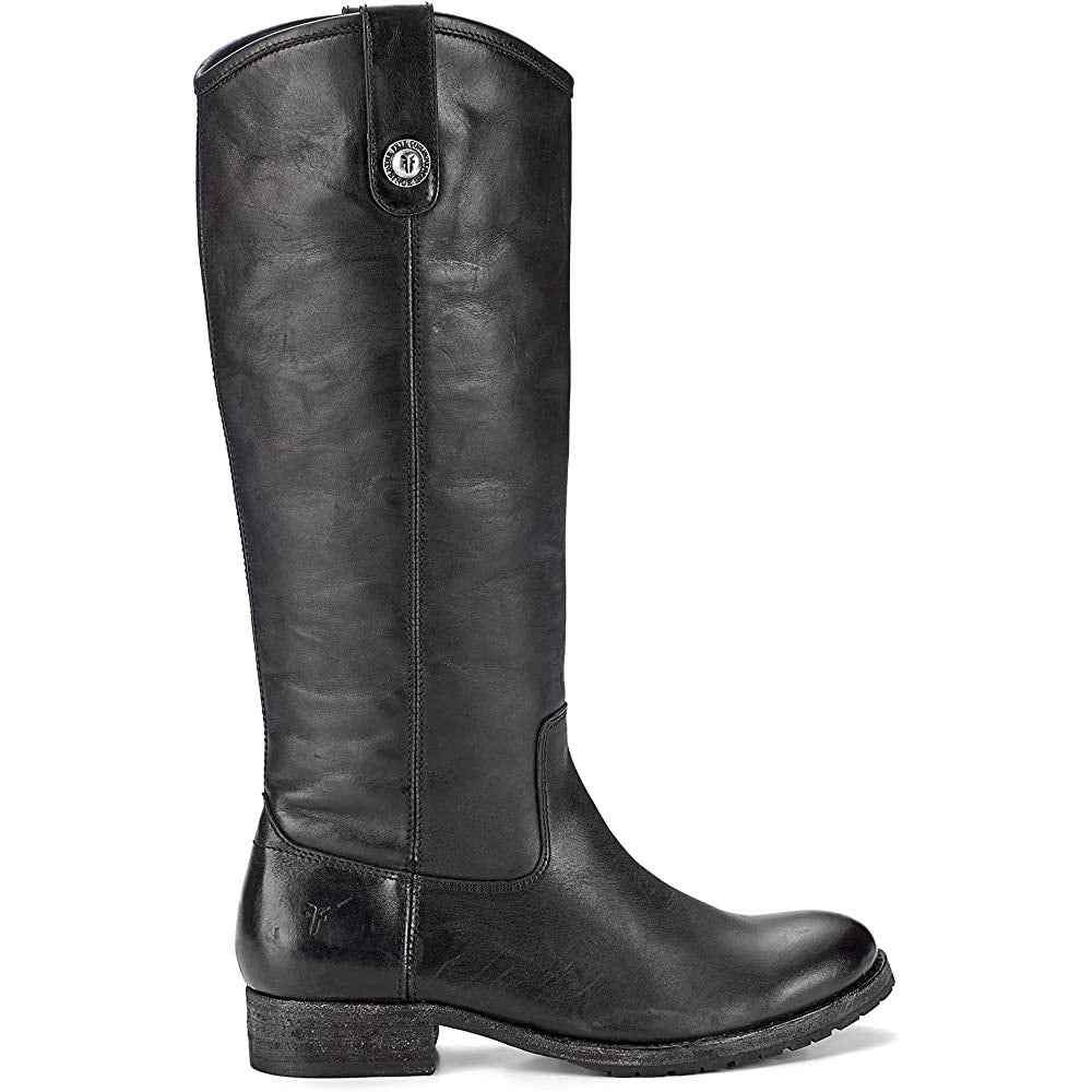 A single Frye Melissa Button Lug Black riding boot, adorned with a Frye signature button, standing upright against a white background.