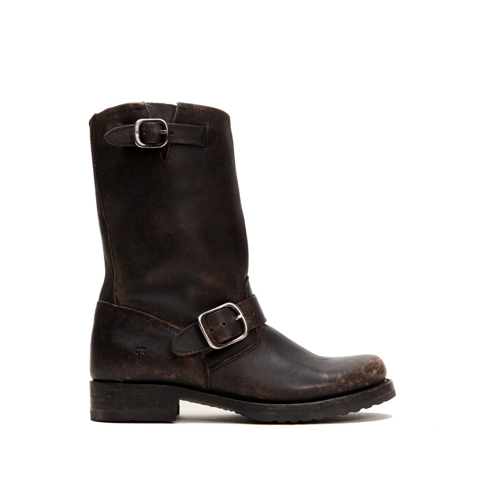 A single Frye Veronica Short Black Distressed boot with buckles on a white background.