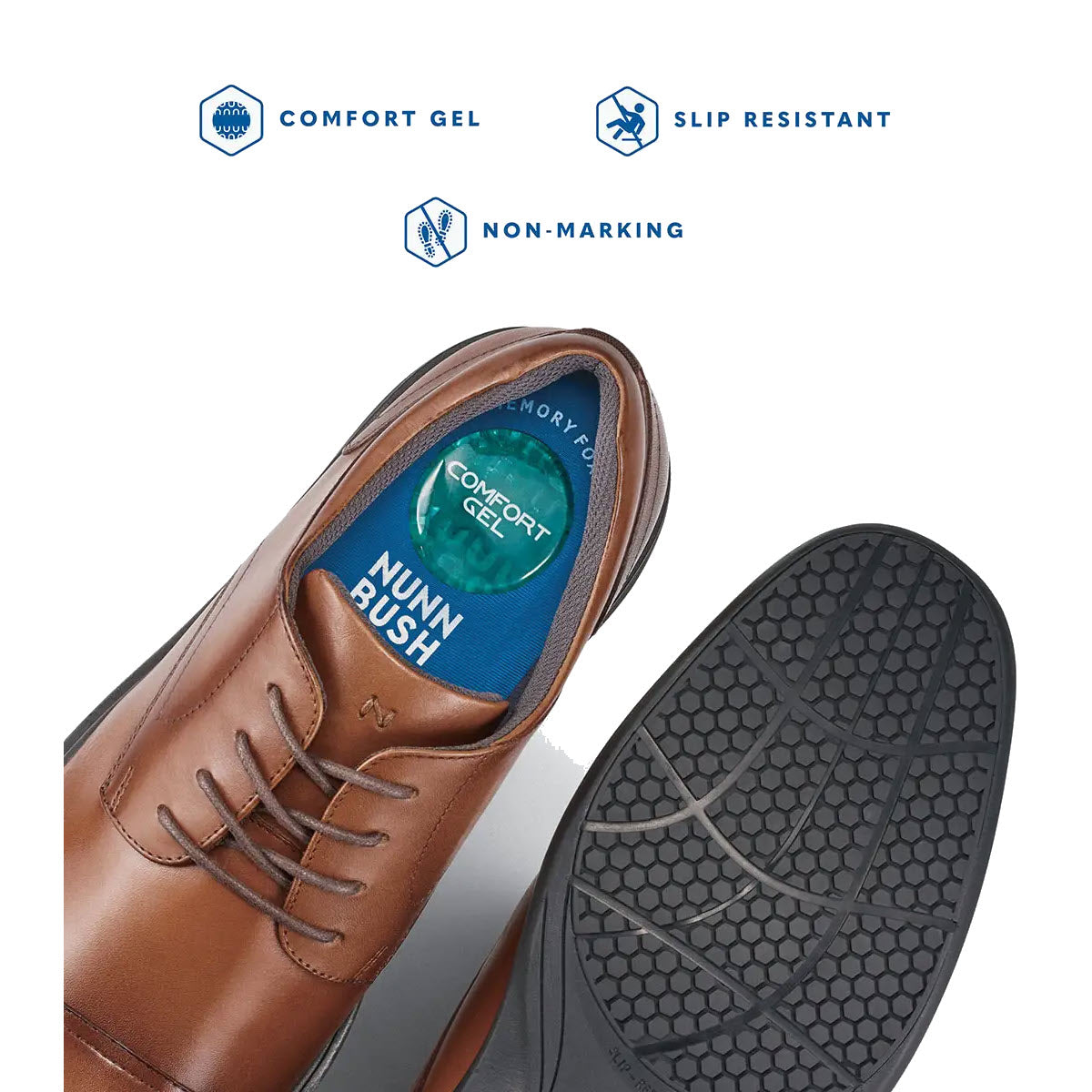 Men&#39;s Nunn Bush KORE Pro plain toe Cognac Oxford showcasing comfort gel insole and slip-resistant sole.