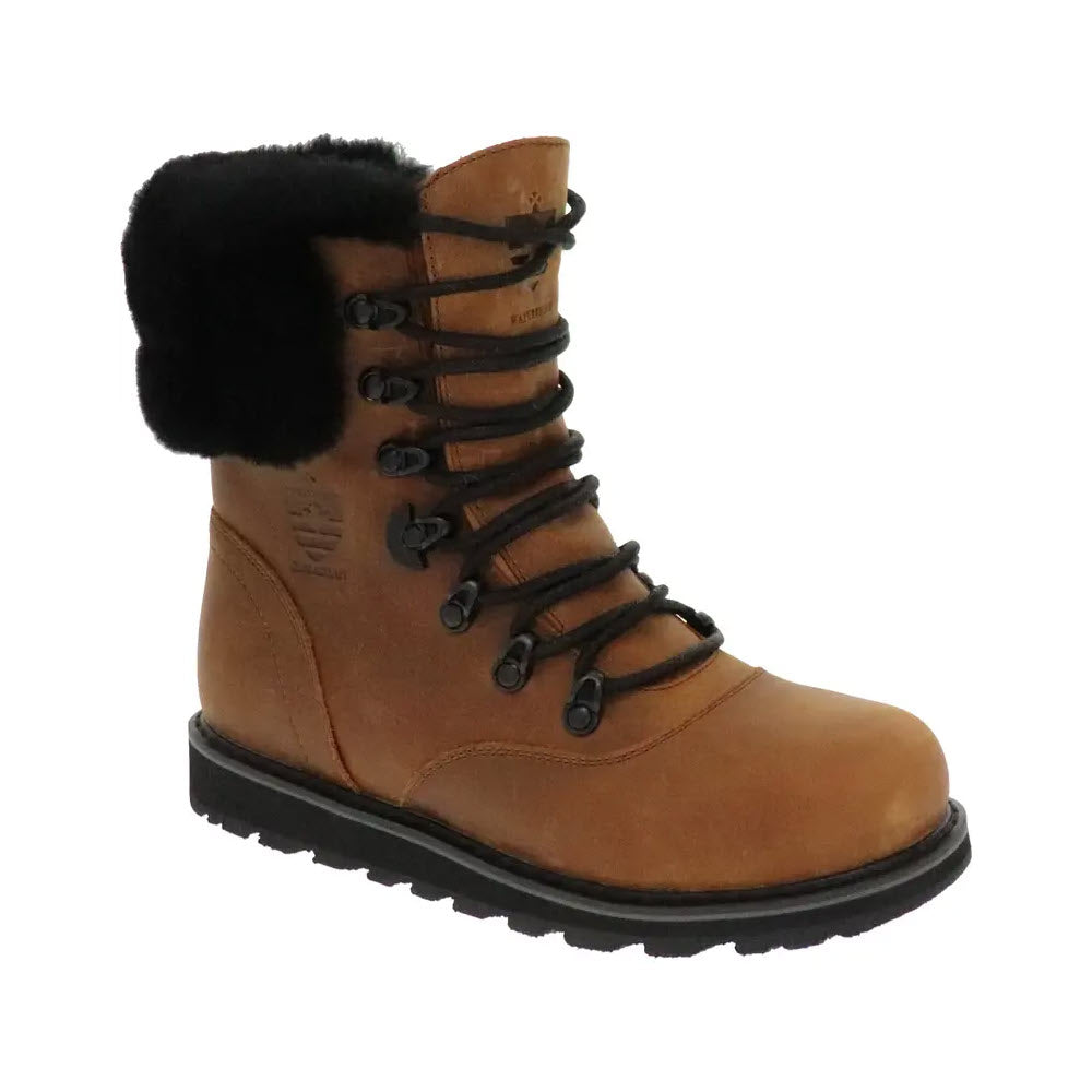 Brown waterproof leather boots with black fur trim and a shearling collar from Royal Canadian&#39;s Royal Canadian Cambridge Cognac - Womens.