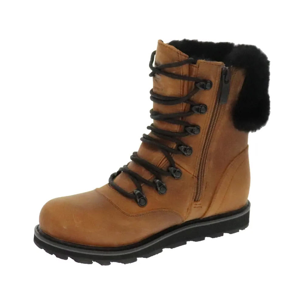 A single brown waterproof Royal Canadian Cambridge Cognac winter boot with black laces and a shearling collar.