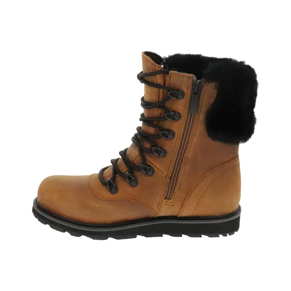 A single Royal Canadian Cambridge Cognac waterproof leather boot with black fur trim and a side zipper.