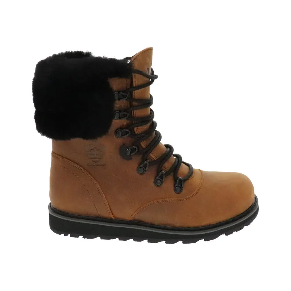 Royal Canadian Cambridge Cognac - Womens winter boot with waterproof leather, black fur cuff, and lace-up front on a white background.