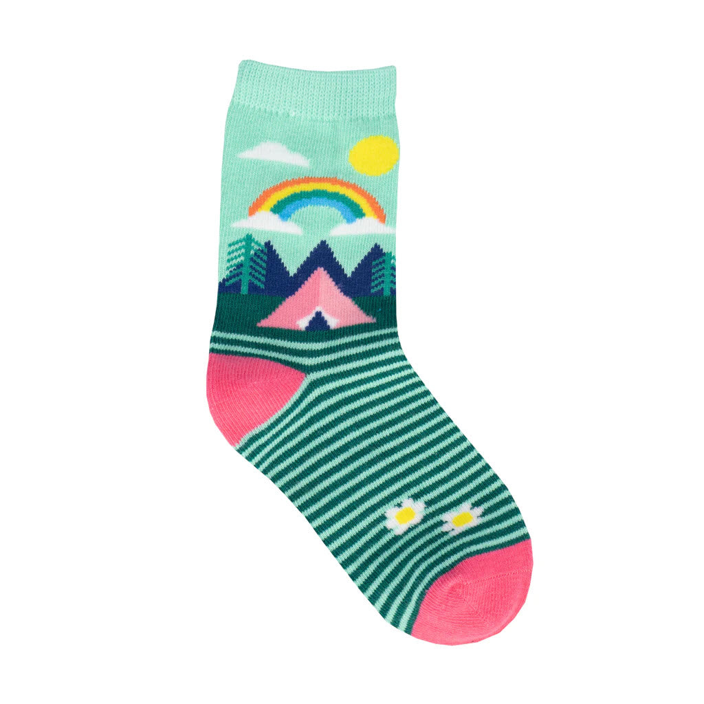 A SOCKSMITH KIDS COLOR OUTSIDE THE LINES SOCKS with a mountain landscape design, featuring a rainbow, sun, and flowers on a striped green background, perfect for kids.