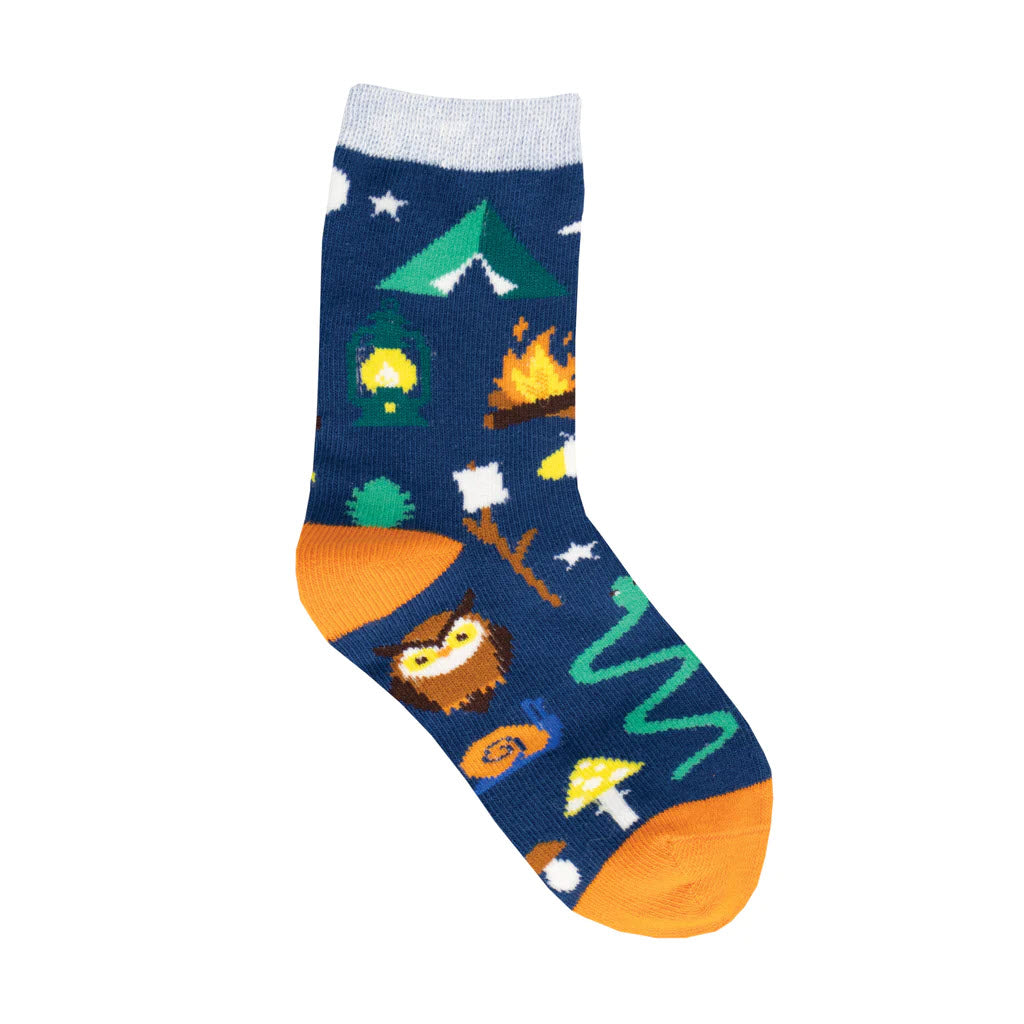 A colorful cotton nylon spandex SOCKSMITH KIDS SUMMER CAMP FRIENDS SOCK featuring owl and nature-themed patterns, perfect for kids with youth shoe sizes.