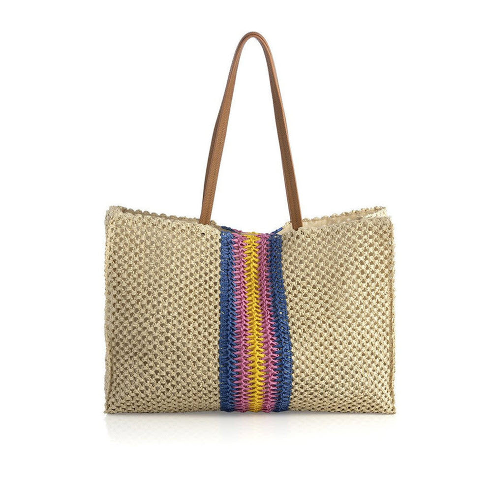 Woven paper straw tote bag with colorful stripe detailing and vegan leather handles.
Product Name: SHIRALEAH REMY TOTE NATURALBLUE
Brand Name: Shiraleah