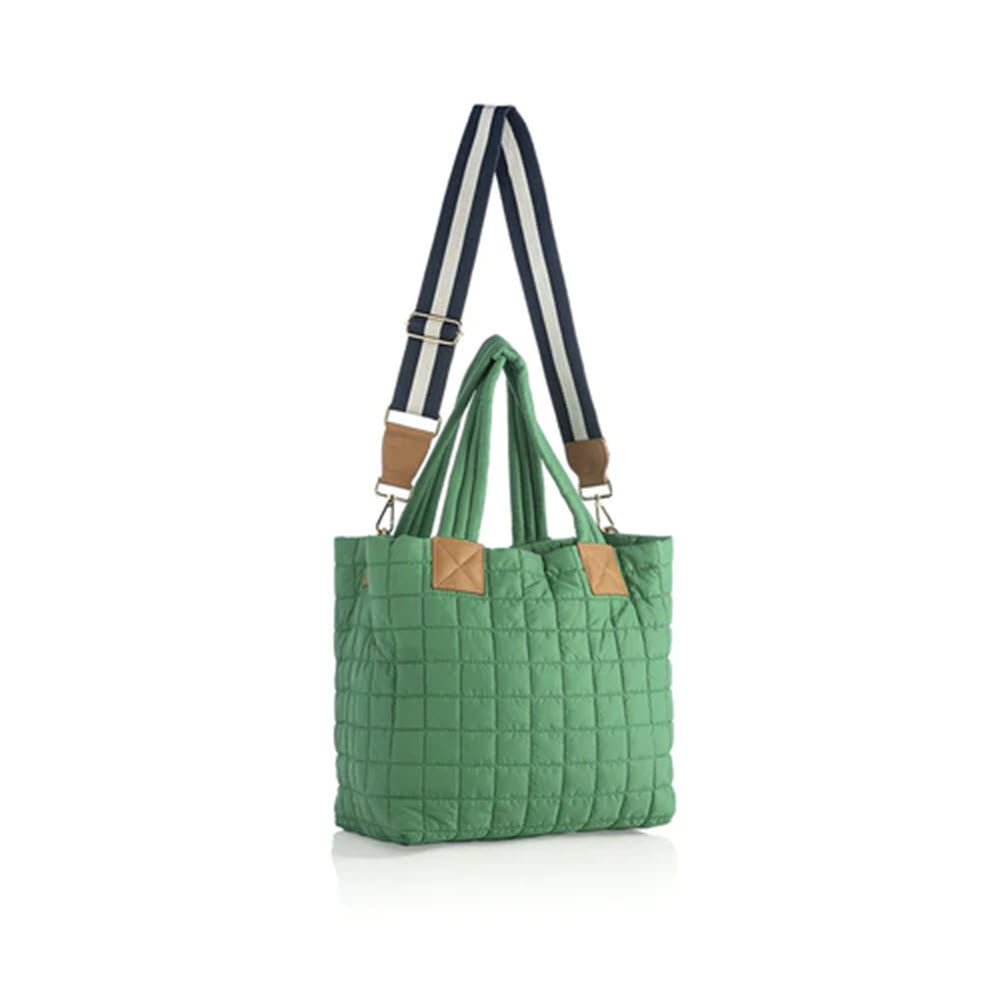 Shiraleah Ezra tote bag green with navy and beige striped shoulder strap on a white background.