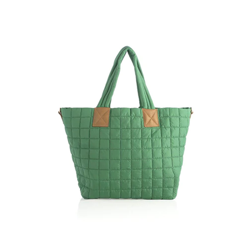 Shiraleah&#39;s SHIRALEAH EZRA TOTE BAG GREEN, green quilted cross-body tote with tan accents on a white background.