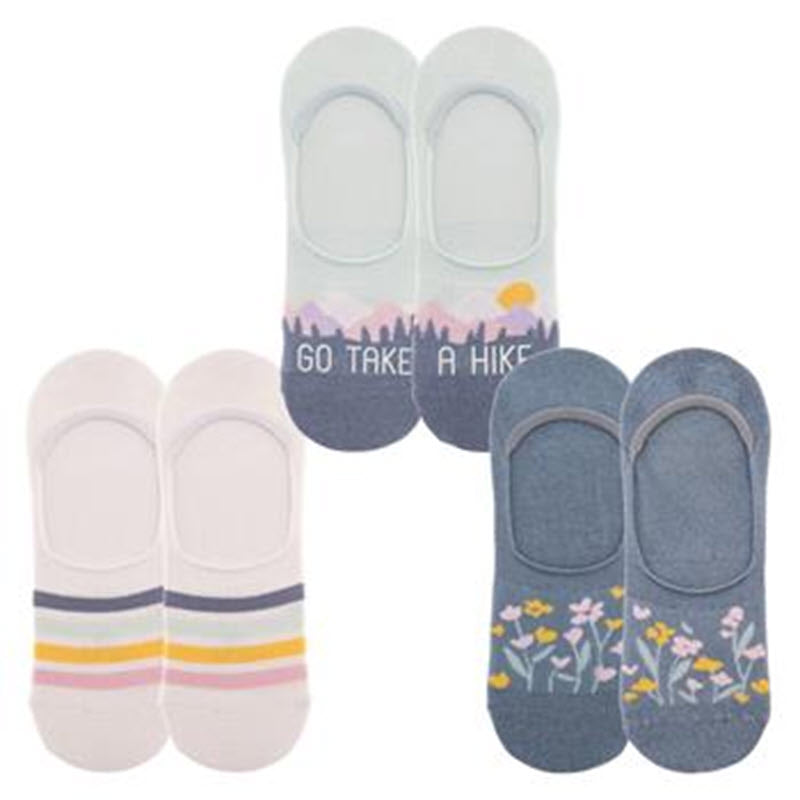 Three pairs of KARMA NO SHOW SOCKS 3PACK WANDER with various designs and the phrase "go take a hike" on one pair, perfect as a gift for friends.