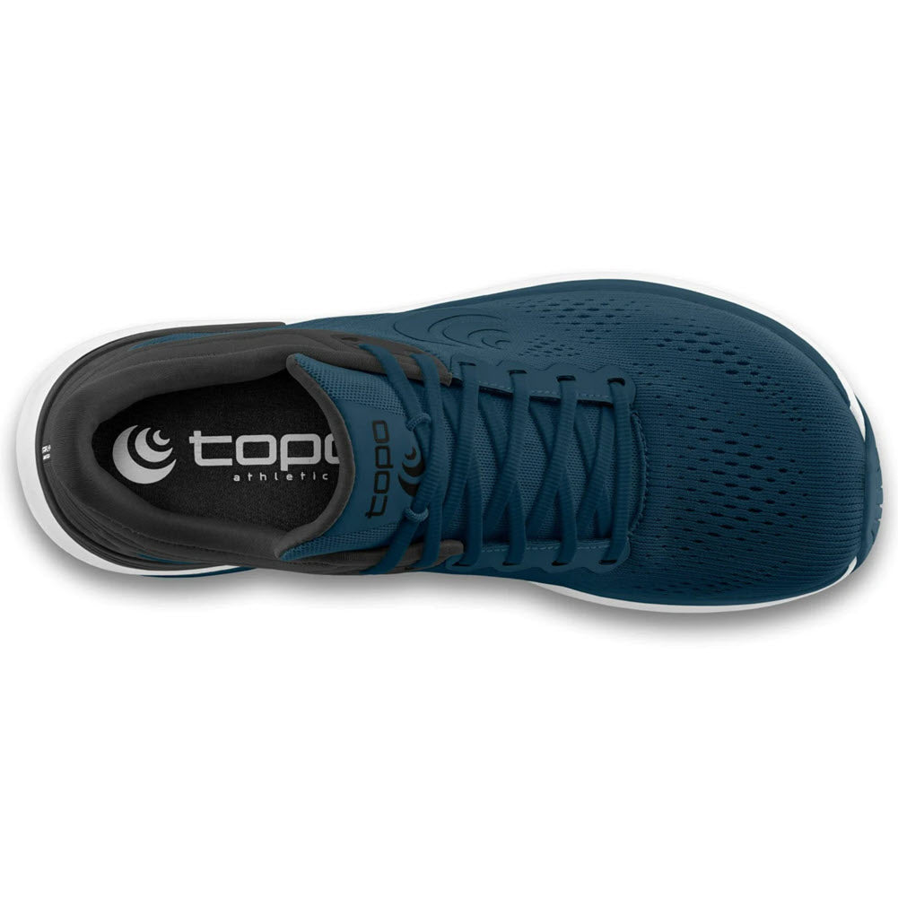 Top-down view of a navy blue Topo Ultrafly 4 athletic shoe with laces and branding on the ZipFoam midsole.