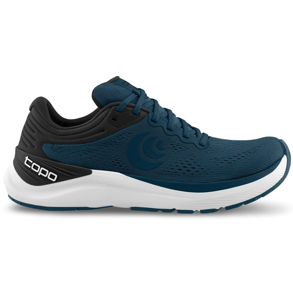 Side view of a blue and black Topo Ultrafly 4 athletic shoe with light stability.