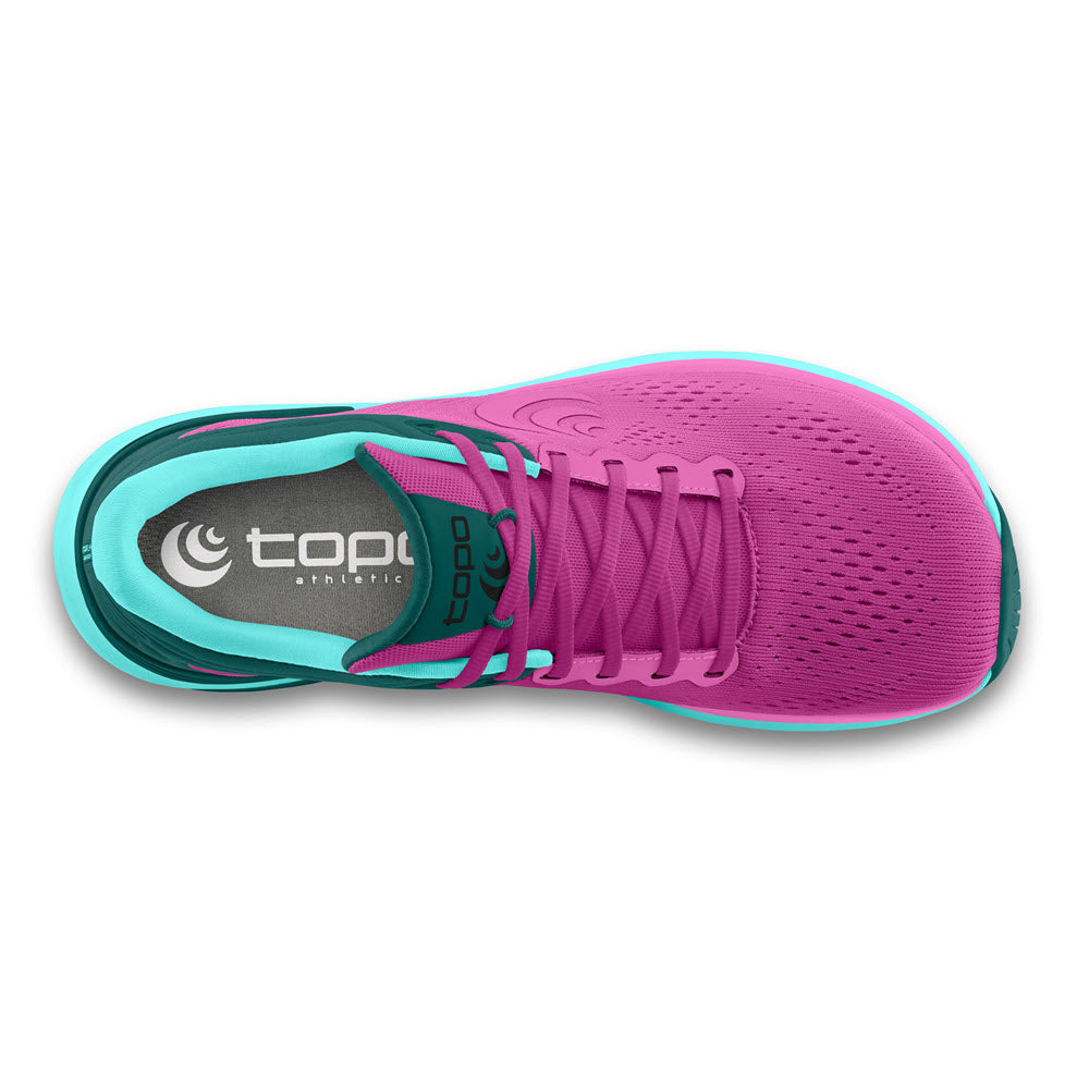 Top view of a purple and teal Topo Ultrafly 4 running shoe with light pronation support.