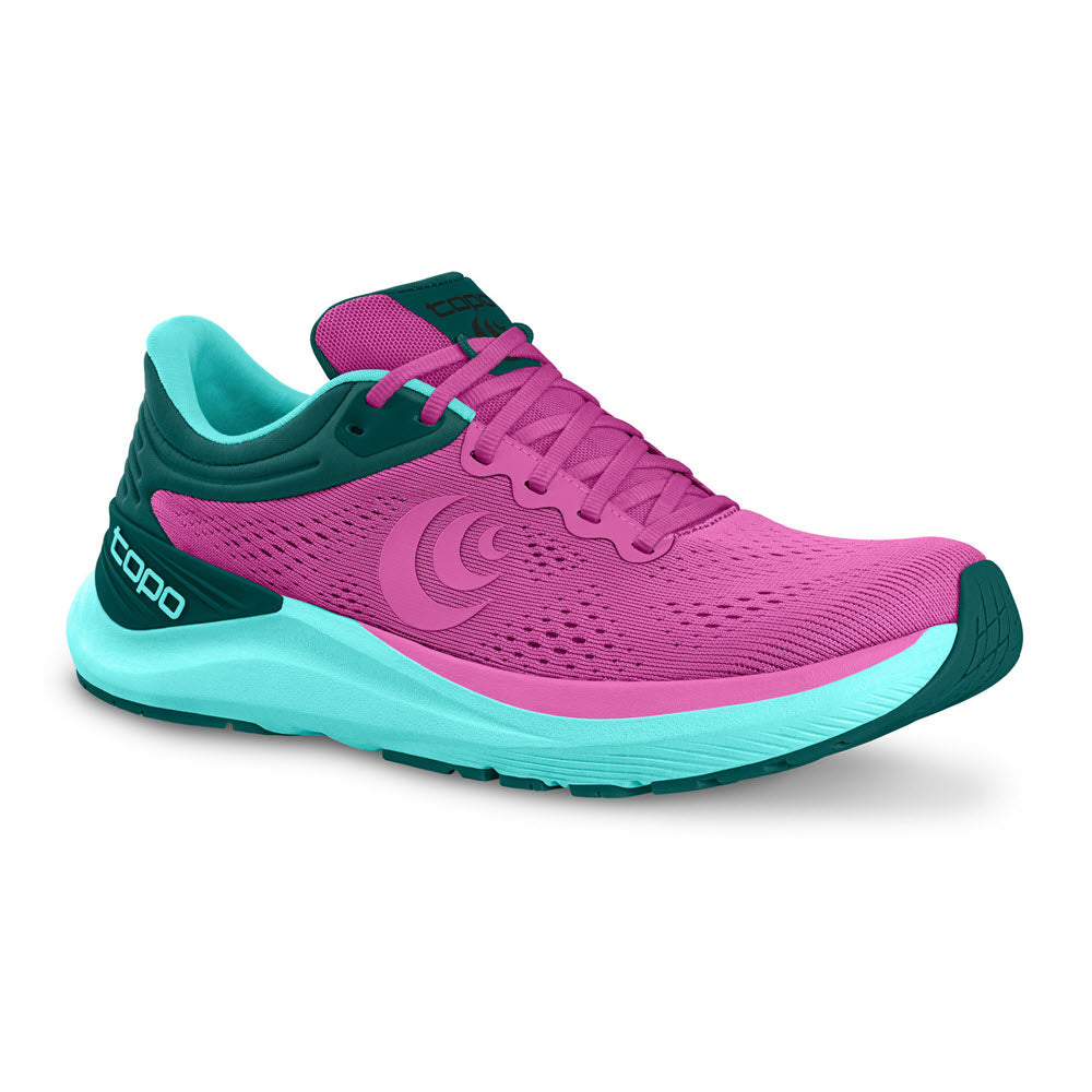 A single pink and teal Topo Ultrafly 4 running shoe with light pronation support displayed against a white background.