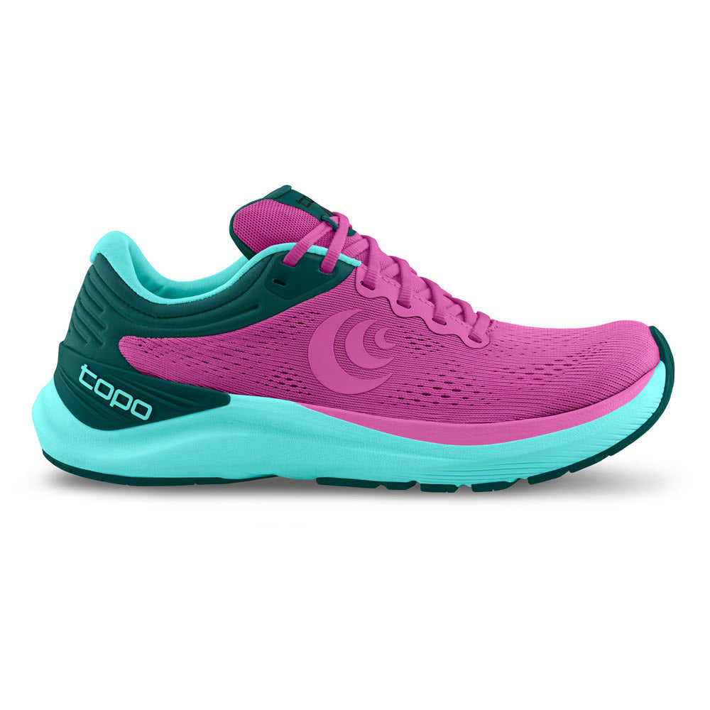 Brightly colored Topo Ultrafly 4 Violet/Blue women&#39;s running shoe with teal and pink design, featuring light pronation support.