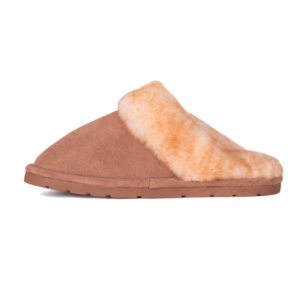 A single Cloud Nine Ladies Scuff Chestnut slipper with a plush sheepskin lining and a rubber sole, displayed against a white background.