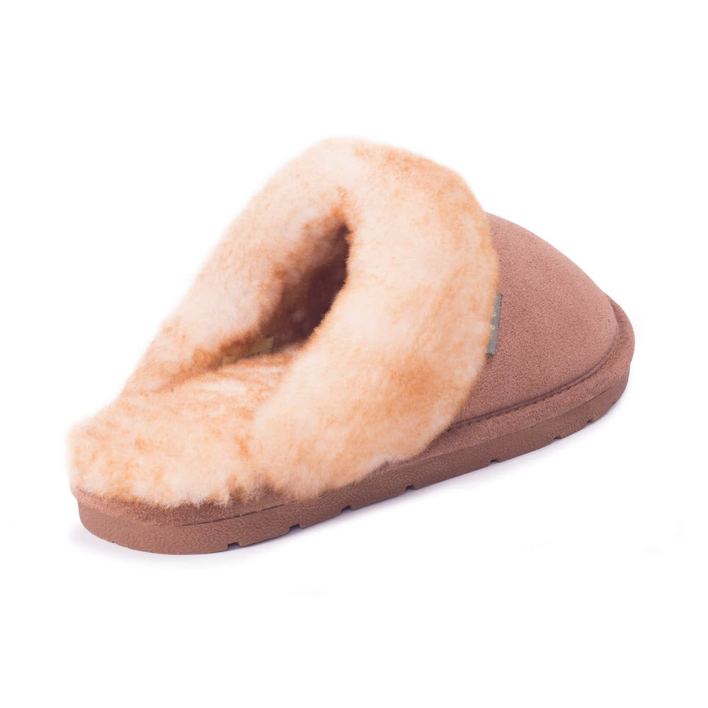 A single brown suede slip-on slipper with a plush beige sheepskin lining, displayed isolated against a white background.