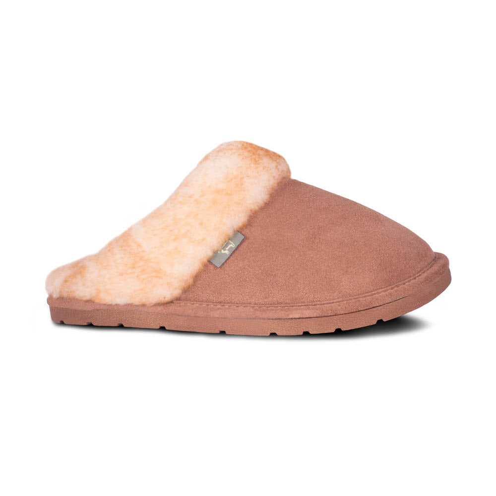 A Cloud Nine Ladies Scuff Chestnut slipper with a soft, fluffy interior lining and a rubber sole, isolated on a white background.