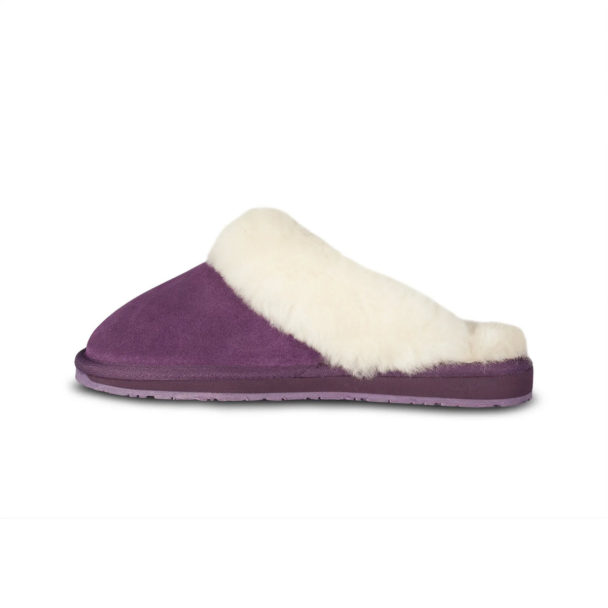 A single Cloud Nine ladies scuff purple slipper with white sheepskin lining and a matching purple sole, displayed against a white background.