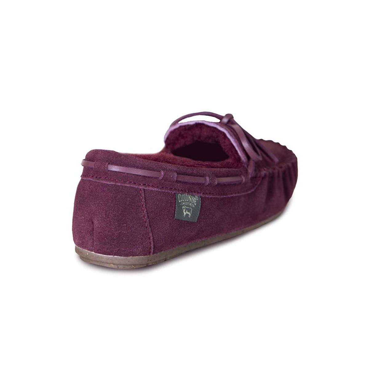 A single Cloud Nine Ladies Moc 2 Burgundy slipper with an adjustable strap isolated on a white background.