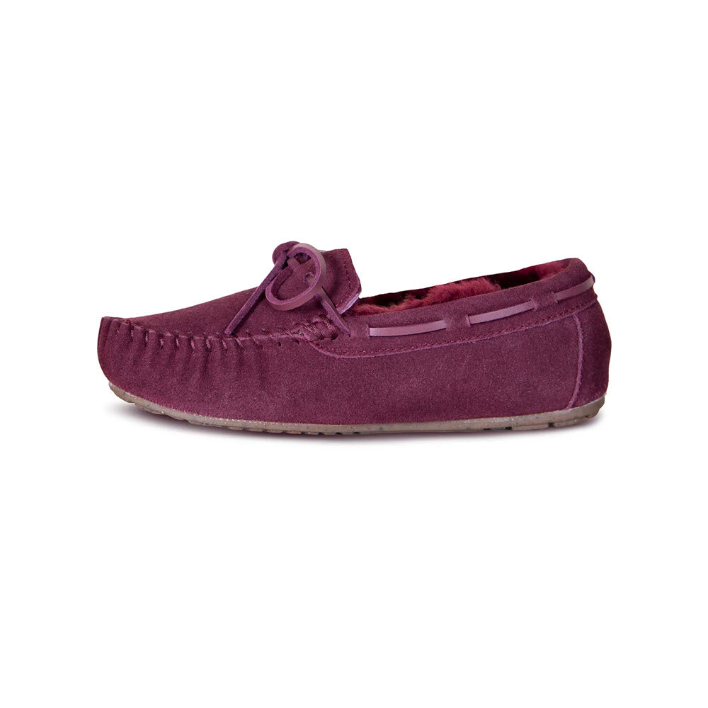 A single Cloud Nine Ladies Moc 2 Burgundy driving shoe isolated on a white background.