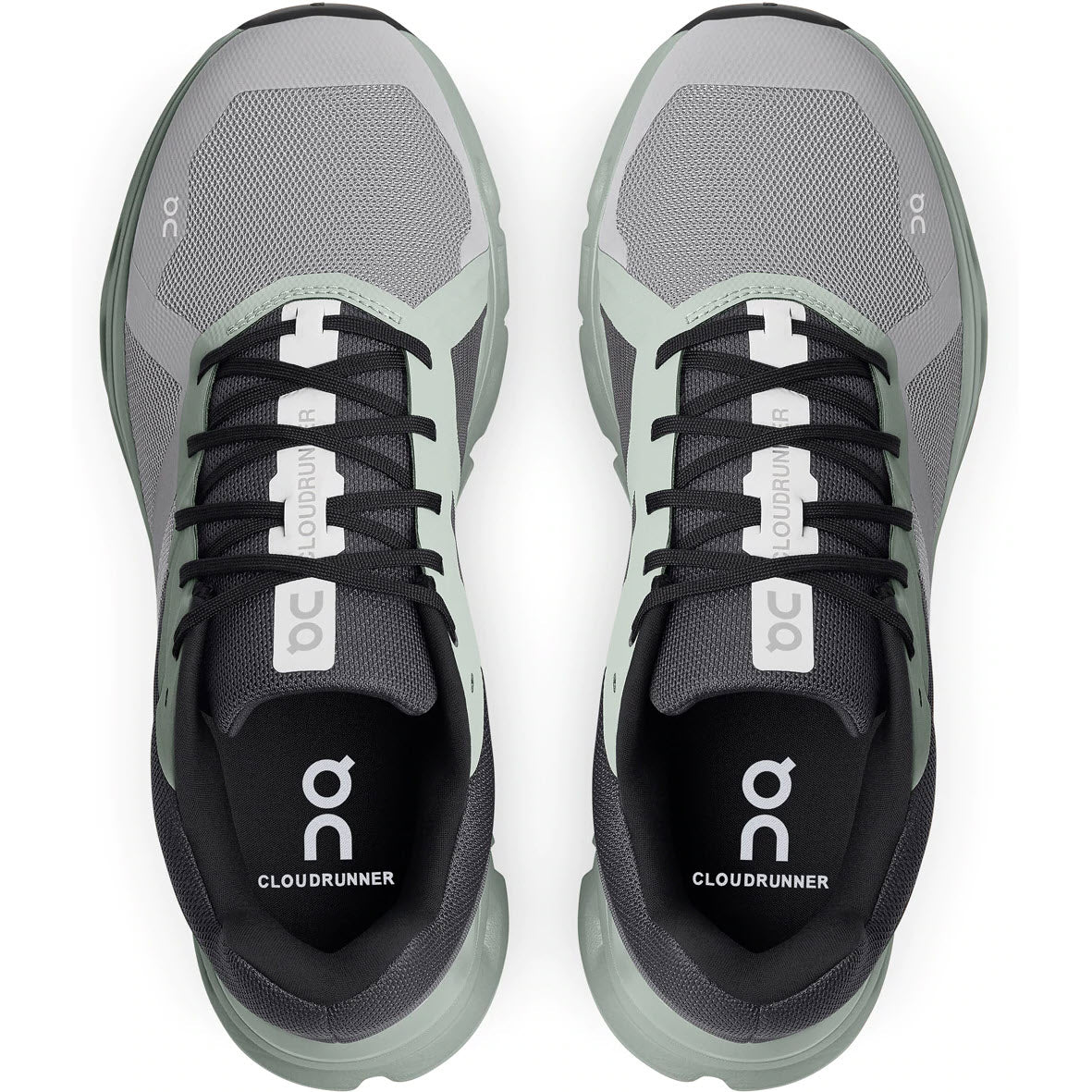 A top-down view of a pair of ON RUNNING CLOUDRUNNER ALLOY/MOSS - MENS running shoes with the laces intact, showcasing a modern design.