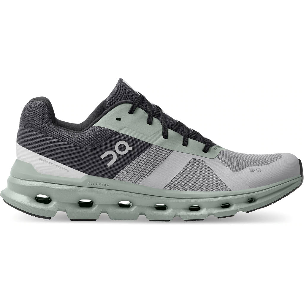 Side view of a gray On Running Cloudrunner Alloy/Moss - Mens shoe with a unique sole design, offering a cushioned ride.